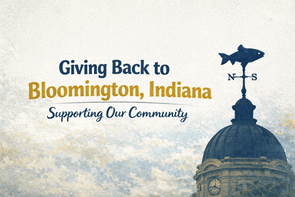 Giving Back to Bloomington, Indiana graphic featuring the Monroe County Courthouse dome with iconic fish weather vane, representing That’s the Rub Massage Therapy Center’s community support.