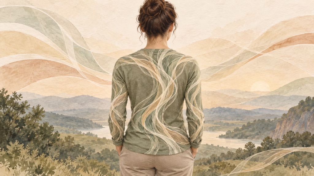 Watercolor illustration of a woman with flowing lines across her back, symbolizing fascia and the body's connections.